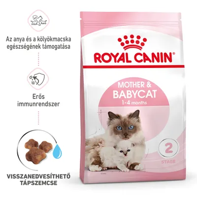 Royal Canin Mother & Babycat 1–4 months macskaeledel csomagolás, anya- és kölyökmacska képe, erős immunrendszer, visszanedvesíthető tápszemcse, egészség támogatása feliratokkal Royal Canin Mother & Babycat 1–4 months macskaeledel csomagolás, anya- és kölyökmacska képe, erős immunrendszer, visszanedvesíthető tápszemcse, egészség támogatása feliratokkal