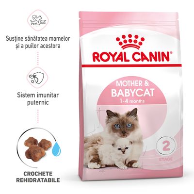 Pachet Royal Canin Mother & Babycat 1–4 months, imagine cu pisică adultă și pui, text: Susține sănătatea mamelor și a puilor acestora, Sistem imunitar puternic, Crochete rehidratabile.
