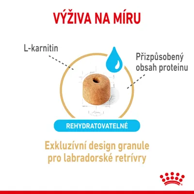 Výživa na míru, L-karnitin, Přizpůsobený obsah proteinu, REHYDRATOVATELNÉ, Exkluzivní design granule pro labradorské retrívry