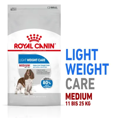 Royal Canin Light Weight Care Medium för hundar från 11 till 25 kg. Hjälper till att begränsa viktökning. 80 % av hundarna uppnådde en hälsosammare vikt.