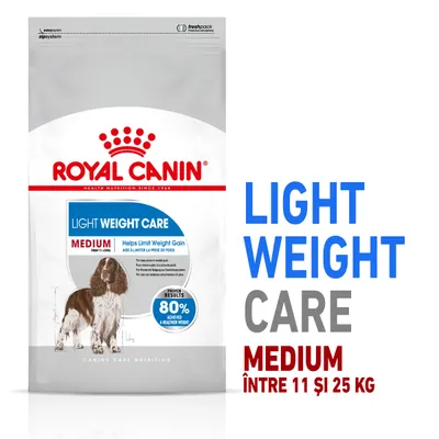 Pachet hrană pentru câini Royal Canin Light Weight Care Medium, text vizibil: Helps Limit Weight Gain, 80% achieved a healthier weight, între 11 și 25 kg.