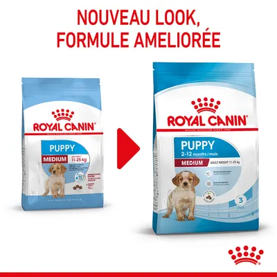 ROYAL CANIN PUPPY MEDIUM 11–25 kg, ancien et nouveau packaging avec texte : Nouveau look, formule améliorée. Nouvelle mention : 2–12 months/mois. Chien illustré sur les deux paquets.