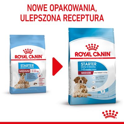 Royal Canin Starter Mother & Babydog Medium 11–25 kg – porównanie starego i nowego opakowania, napis: nowe opakowania, ulepszona receptura