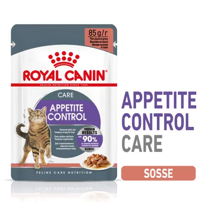 Royal Canin Appetite Control Care, 85 g. Tekst: proven results over 90% of owners reported controlled begging in 4 weeks. Prikaz mačke i hrane u umaku. Royal Canin Appetite Control Care, 85 g. Tekst: proven results over 90% of owners reported controlled begging in 4 weeks. Prikaz mačke i hrane u umaku.