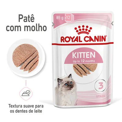 ROYAL CANIN KITTEN Up to 12 months, patê com molho, embalagem de 85 g x12. Textura suave para os dentes de leite. Imagem de patê fatiado e gato jovem na embalagem.