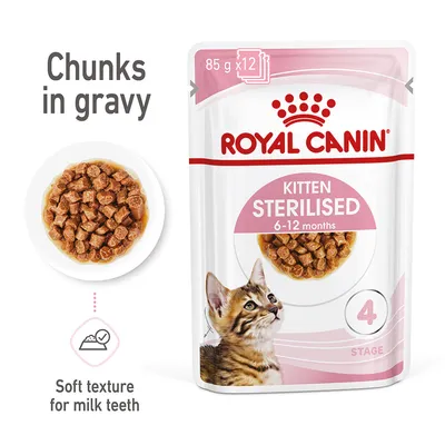 Chunks in gravy, soft texture for milk teeth. Sterilised kitten food for 6-12 months, 85g x12 packs, stage 4. Chunks in gravy, soft texture for milk teeth. Sterilised kitten food for 6-12 months, 85g x12 packs, stage 4.