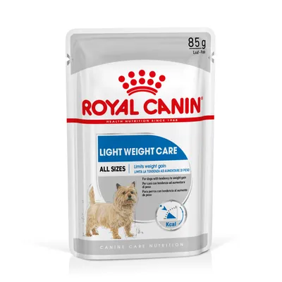 Royal Canin Light Weight Care wet food pouch, 85g, for all sizes, limits weight gain, shown with feeding guide and calorie information on packaging.