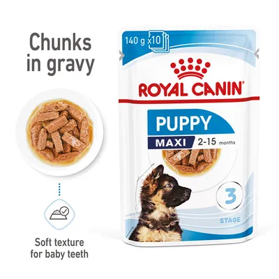 Chunks in gravy, soft texture for baby teeth, 140g x10, suitable for puppies aged 2-15 months, stage 3. Product packaging and food shown. Chunks in gravy, soft texture for baby teeth, 140g x10, suitable for puppies aged 2-15 months, stage 3. Product packaging and food shown.