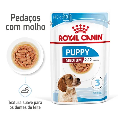 Royal Canin Puppy Medium 2-12 months, 140 g x10. Pedaços com molho. Textura suave para os dentes de leite. Embalagem com imagem de cachorro e comida húmida em taça.