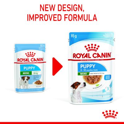 Royal Canin Puppy Mini 85 g, før og efter designændring. Ny emballage viser tekst: 'Puppy 2–10 months/mois', 'Mini', 'Adult weight up to 10 kg', 'In sauce/en sauce', 'No preservatives'.