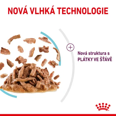 Nová vlhká technologie. Nová struktura s plátky ve šťávě. Zobrazeny masové plátky v omáčce. Spodní pravý roh: Royal Canin.