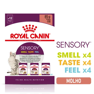 Royal Canin Sensory Smell x4, Taste x4, Feel x4, 12 saquetas de 85 g em molho para gatos. Texto visível: MOLHO. Imagem das três variedades na embalagem.