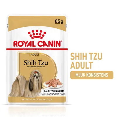 Royal Canin Shih Tzu Adult 85 g, mjuk konsistens. Bild på förpackning med hund och text: Healthy skin & coat. Royal Canin Shih Tzu Adult 85 g, mjuk konsistens. Bild på förpackning med hund och text: Healthy skin & coat.