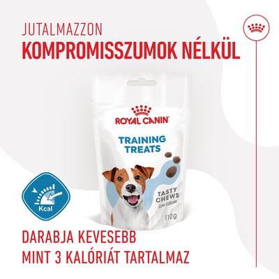 Royal Canin Training Treats Tasty Chews 110 g csomag, darabja kevesebb mint 3 kalóriát tartalmaz. Jutalmazzon kompromisszumok nélkül felirat látható.