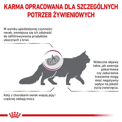 Karma opracowana dla szczególnych potrzeb żywieniowych. Informacje o problemach nerek u kotów: upośledzona czynność, częstsze oddawanie moczu, objawy wpływające na jakość życia.