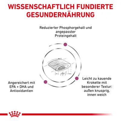 Texte en allemand : alimentation saine scientifiquement prouvée, teneur réduite en phosphore et protéines, enrichi en EPA+DHA et antioxydants, croquette facile à mâcher, texture croustillante-extérieure, tendre-intérieure.