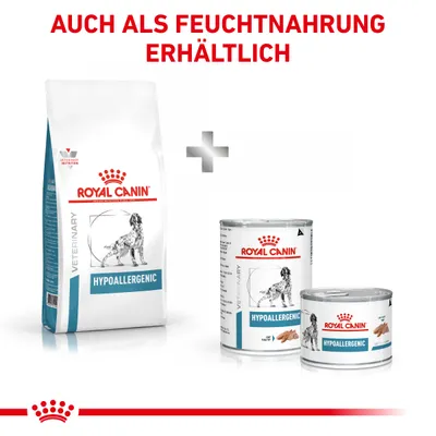 Royal Canin Hypoallergenic сухой и влажный корм для собак. Надпись на немецком: AUCH ALS FEUCHTNAHRUNG ERHÄLTLICH (доступен также во влажной форме).