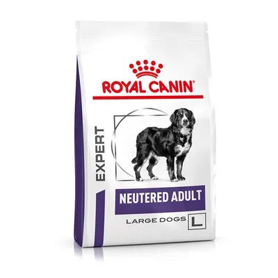 Opakowanie karmy Royal Canin Expert Neutered Adult Large Dogs L z wizerunkiem dużego psa. Widoczne napisy: NEUTERED ADULT, LARGE DOGS, EXPERT.