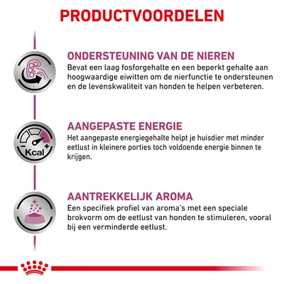 Productvoordelen: ondersteuning van de nieren, aangepaste energie, aantrekkelijk aroma. Uitleg over laag fosforgehalte, aangepast energiegehalte en speciaal aromaprofiel voor honden.