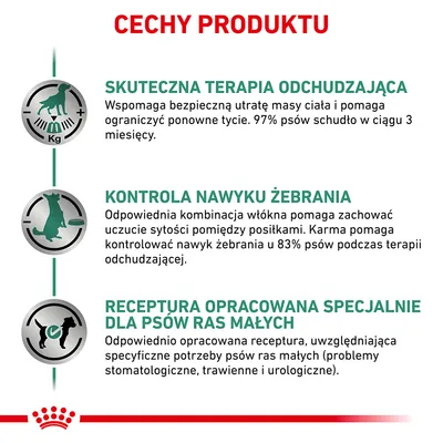 Cechy produktu: skuteczna terapia odchudzająca, kontrola nawyku żebrania, receptura opracowana specjalnie dla psów ras małych. Szczegóły dotyczą utraty masy ciała i potrzeb żywieniowych.