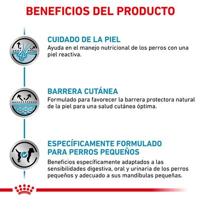 Beneficios del producto: cuidado de la piel, barrera cutánea y específicamente formulado para perros pequeños. Texto explicativo sobre cada beneficio visible en la imagen.