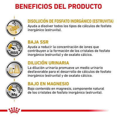 Beneficios del producto: disolución de fosfato inorgánico (estruvita), baja SSR, dilución urinaria y bajo en magnesio. Texto explicativo sobre cada beneficio incluido.