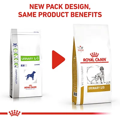 Image shows Royal Canin Urinary S/O veterinary food with a new pack design, stating 'New pack design, same product benefits'. Old and new packaging are displayed side by side.