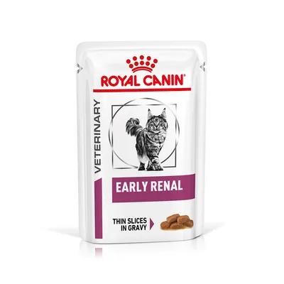Sachet Royal Canin Veterinary Early Renal pour chat, texte visible : EARLY RENAL, THIN SLICES IN GRAVY, image de tranches en sauce et d’un chat.