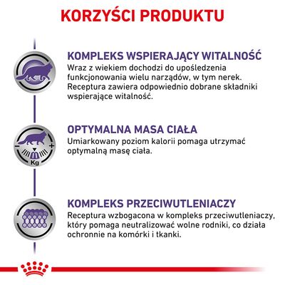 Korzyści produktu: kompleks wspierający witalność, optymalna masa ciała, kompleks przeciwutleniaczy. Opisy dotyczą wsparcia narządów, utrzymania masy ciała i ochrony komórek.