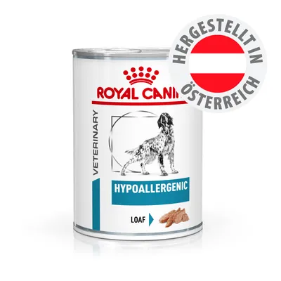 Royal Canin Veterinary Hypoallergenic Loaf, hergestellt in Österreich, Dose mit Hundebild und Produktbezeichnung Royal Canin Veterinary Hypoallergenic Loaf, hergestellt in Österreich, Dose mit Hundebild und Produktbezeichnung