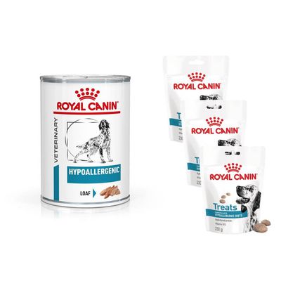 Blik Royal Canin Veterinary Hypoallergenic Loaf hondenvoer, afbeelding van hond, tekst: HYPOALLERGENIC, LOAF. Productnaam en soort duidelijk zichtbaar op het etiket.