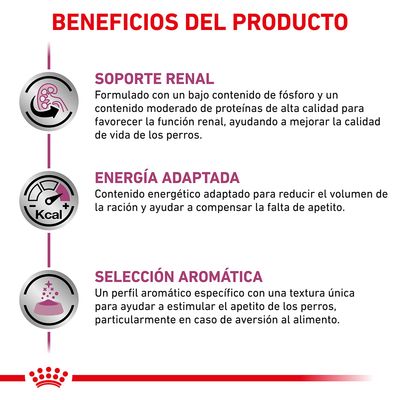 Beneficios del producto: soporte renal, energía adaptada y selección aromática. Explicaciones detalladas sobre cada beneficio para perros visibles en la imagen.