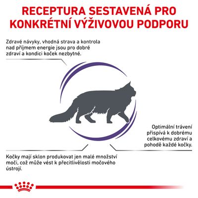 Receptura sestavená pro konkrétní výživovou podporu. Zdravé návyky, vhodná strava, kontrola energie, optimální trávení a péče o močové ústrojí koček.