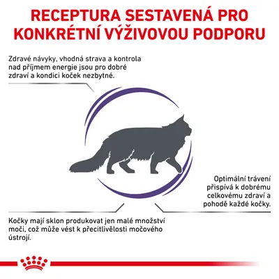 Receptura sestavená pro konkrétní výživovou podporu. Zdravé návyky, vhodná strava, kontrola energie, optimální trávení a péče o močové ústrojí koček.