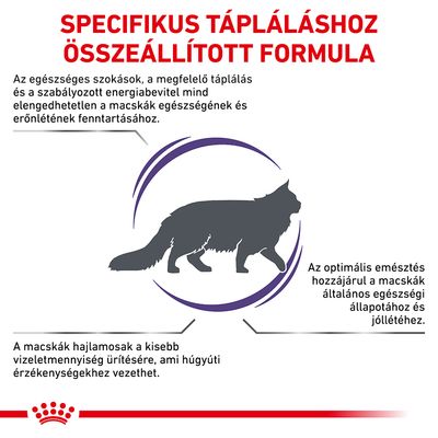 Specifikus tápláláshoz összeállított formula. Az egészséges szokások, megfelelő táplálás és energia-bevitel fontos a macskák egészségéhez. Optimális emésztés, húgyúti érzékenység.