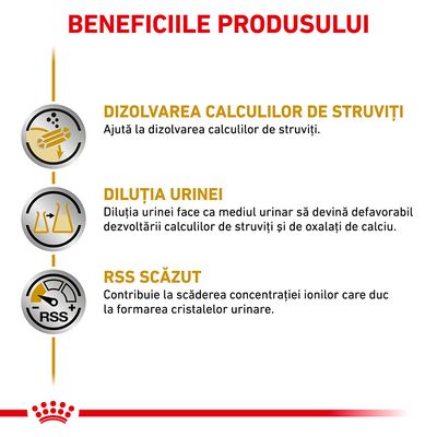 Beneficiile produsului: dizolvarea calculilor de struviți, diluția urinei pentru un mediu urinar nefavorabil calculilor, RSS scăzut pentru reducerea formării cristalelor urinare.