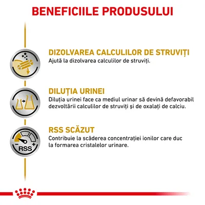 Beneficiile produsului: dizolvarea calculilor de struviți, diluția urinei pentru un mediu urinar nefavorabil calculilor, RSS scăzut pentru reducerea formării cristalelor urinare.