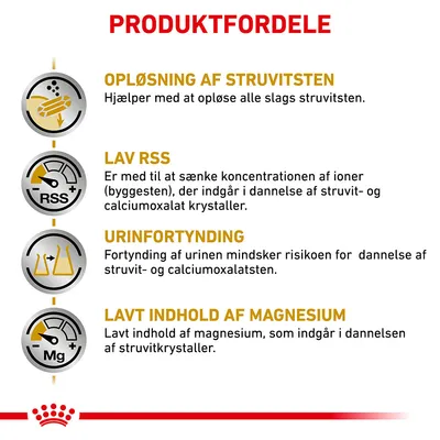 PRODUKTFORDELE: OPLØSNING AF STRUVITSTEN, LAV RSS, URINFORTYNDING, LAVT INDHOLD AF MAGNESIUM. Beskrivelser om opløsning af struvitsten, lavere ionkoncentration, urinfortynding og magnesiumindhold.