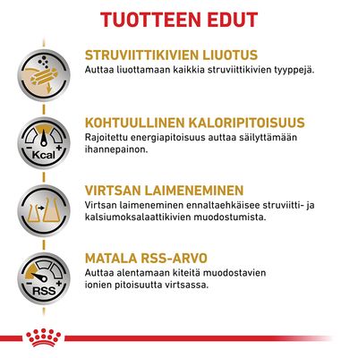 TUOTTEEN EDUT: struviittikivien liuotus, kohtuullinen kaloripitoisuus, virtsan laimeneminen, matala RSS-arvo. Selitykset jokaisen edun alla suomeksi.