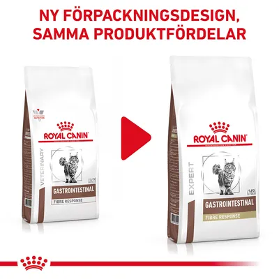 Royal Canin Gastrointestinal Fibre Response kattmat, bild på gammal och ny förpackning med text: Ny förpackningsdesign, samma produktfördelar.