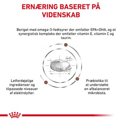 Ernæring baseret på videnskab. Beriget med omega-3-fedtsyrer, vitamin E, C og taurin. Letfordøjelige ingredienser, elektrolytter og præbiotika til afbalanceret mikrobiota.