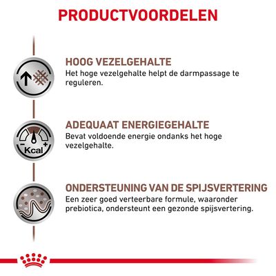Productvoordelen: hoog vezelgehalte voor darmregulatie, adequaat energiegehalte ondanks vezels, ondersteuning van spijsvertering met goed verteerbare formule en prebiotica.