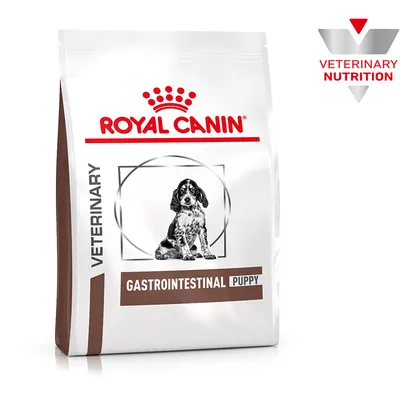 Royal Canin Veterinary Gastrointestinal Puppy, Verpackung mit Bild eines Hundes und Logo für Veterinary Nutrition. Royal Canin Veterinary Gastrointestinal Puppy, Verpackung mit Bild eines Hundes und Logo für Veterinary Nutrition.