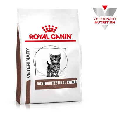Royal Canin Veterinary Gastrointestinal Kitten torrfoder, förpackning med kattbild och Veterinary Nutrition-logotyp.