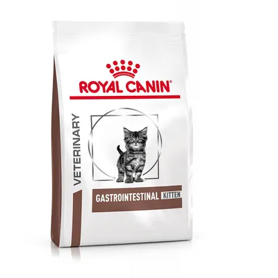 Opakowanie karmy Royal Canin Veterinary Gastrointestinal Kitten z wizerunkiem kota i widocznymi napisami na froncie.