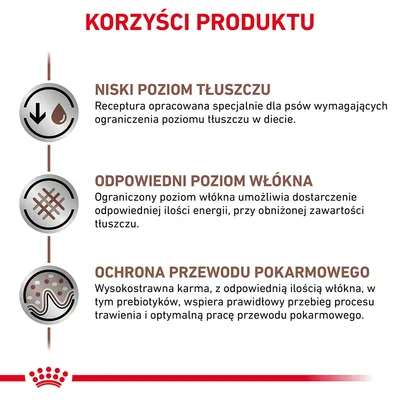Korzyści produktu: niski poziom tłuszczu, odpowiedni poziom włókna, ochrona przewodu pokarmowego. Opis wpływu na dietę i trawienie psów widoczny na grafice.