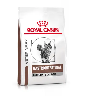 Sachet Royal Canin Veterinary Gastrointestinal Moderate Calorie pour chat, texte visible : GASTROINTESTINAL, MODERATE CALORIE, VETERINARY, image d’un chat sur l’emballage.