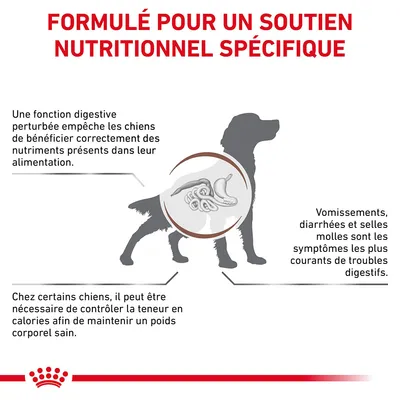 Formulé pour un soutien nutritionnel spécifique. Fonction digestive perturbée, symptômes digestifs courants et contrôle des calories chez certains chiens. Texte en français.