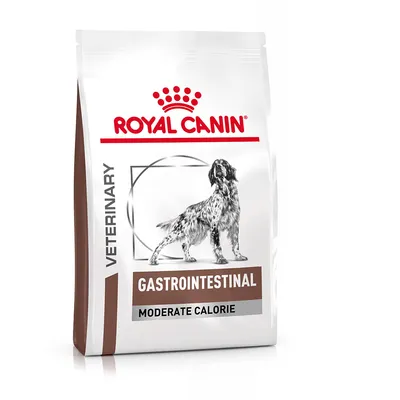 Royal Canin Veterinary Gastrointestinal Moderate Calorie hundefoderpose med billede af hund. Tekst: GASTROINTESTINAL, MODERATE CALORIE, VETERINARY.