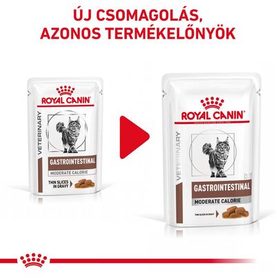 Új csomagolás, azonos termékelőnyök. Royal Canin Gastrointestinal Moderate Calorie macskaeledel tasak, kétféle csomagolás egymás mellett.